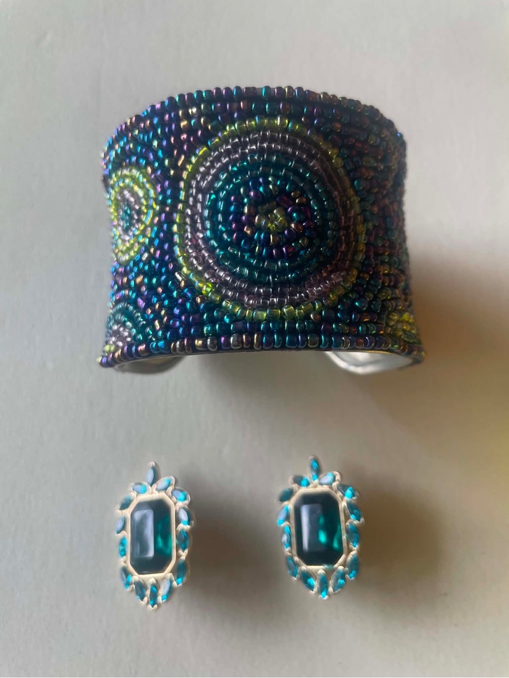 Hand-Beaded Multicolor Cuff Bracelet — Vibrant Teal & Purple Accent